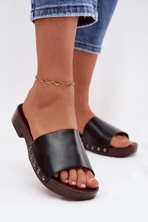 Damenhausschuhe mit Nieten mit breiten Absätzen schZuarze Farbe Brinalle