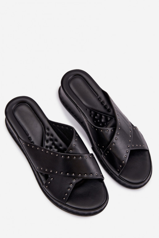 Dekoriert Damenhausschuhe Auf einem Keil aus Öko-Leder schZuarze Farbe Calorissa