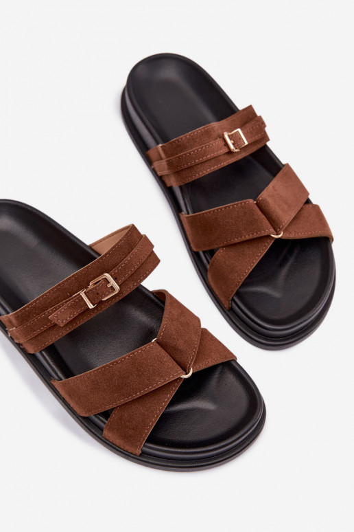 Damenhausschuhe mit Streifen I Złotą mit Schnallen braune Farbe Selorina