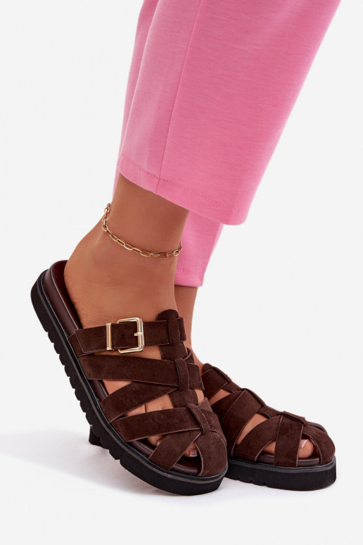 Damenhausschuhe mit Streifen I Złotą mit Schnallen CzekoladoZue Roselisse