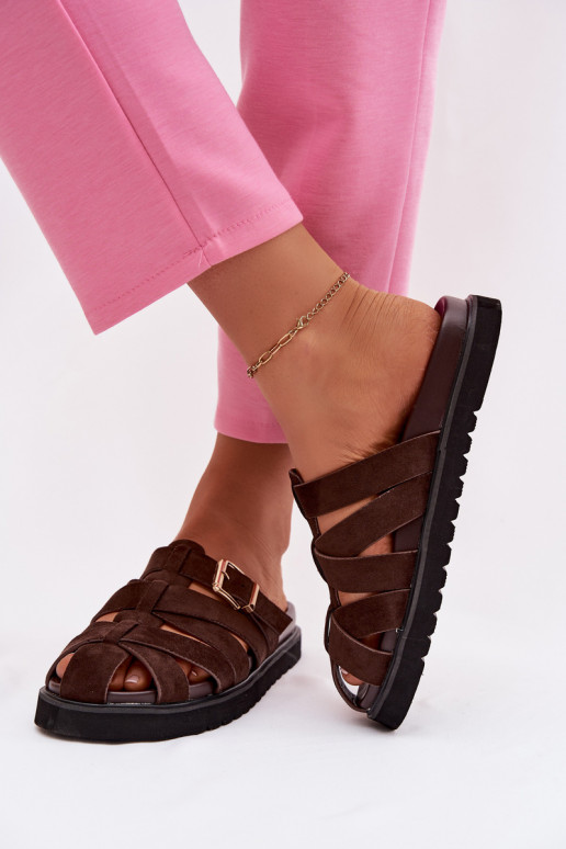 Damenhausschuhe mit Streifen I Złotą mit Schnallen CzekoladoZue Roselisse