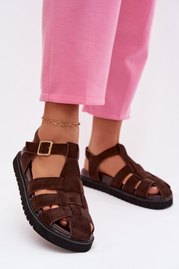 Damenrömersandalen mit goldfarbenen Schnallen und Plateau schokoladenfarben Terelina 2