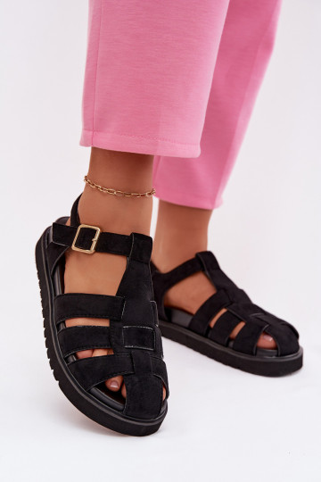 Damensandalen Rzymianki mit goldenen Schnallen mit einer Plattform schZuarze Farbe Terelina