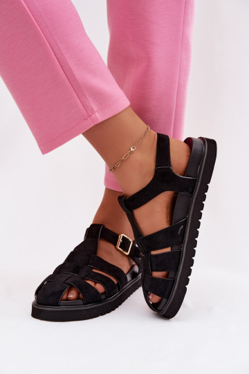 Damenrömersandalen mit goldfarbenen Schnallen und Plateau schwarz Terelina 2
