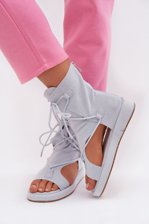 Damensandalen aus Öko-INildlederoZue mit einem Stiefel I INiązaniem hellblau Ferlisse