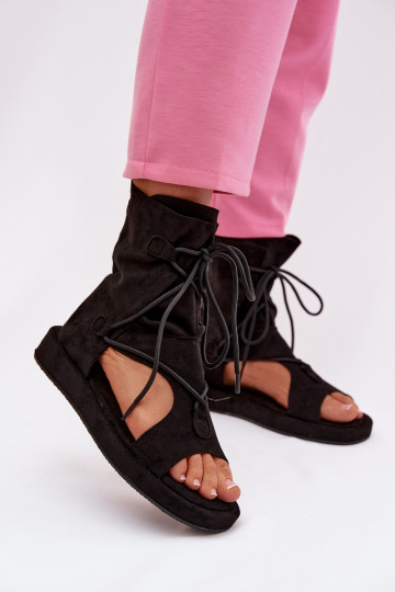 Damenveloursandalen mit Schaft und Schnürsenkeln schwarz Ferlisse 2