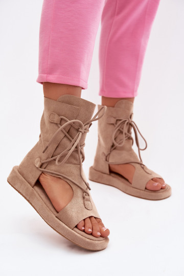 Damenveloursandalen mit Schaft und Schnürsenkeln sandfarben Ferlisse