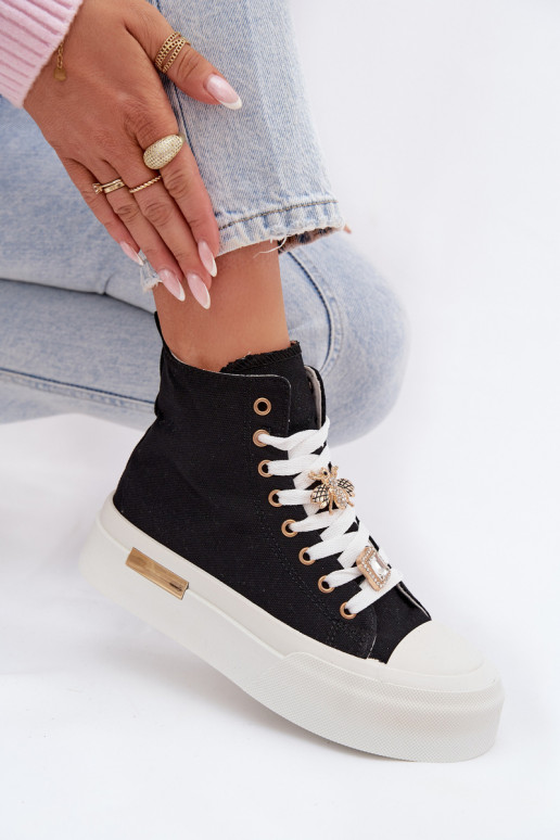 Schwarze Freizeitschuhe mit Plateausohle und Verzierungen „Gracella"