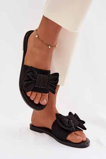 Damen schwarze Pantoletten mit breiten Absätzen und Schleifen Amivelle