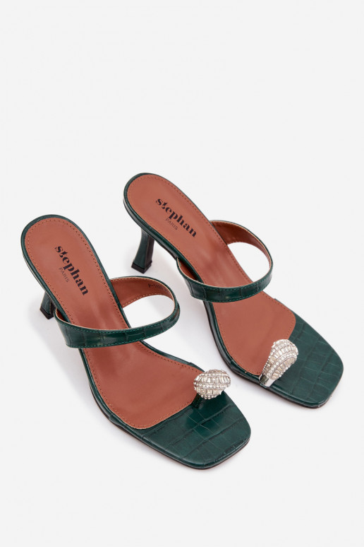 Damen flaschengrüne Pantoletten mit dünnen Absätzen und eleganten Details Lorissa