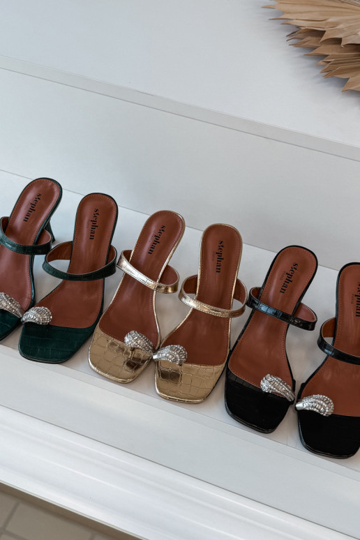 Damen flaschengrüne Pantoletten mit dünnen Absätzen und eleganten Details Lorissa