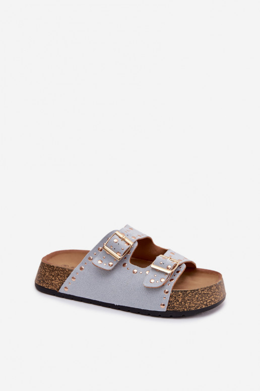 Damenhausschuhe Ze goldene Farbemi mit Schnallenmi Und Stollen hellblau Tervina