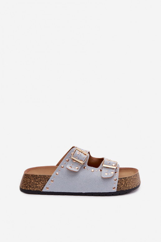 Damenhausschuhe Ze goldene Farbemi mit Schnallenmi Und Stollen hellblau Tervina