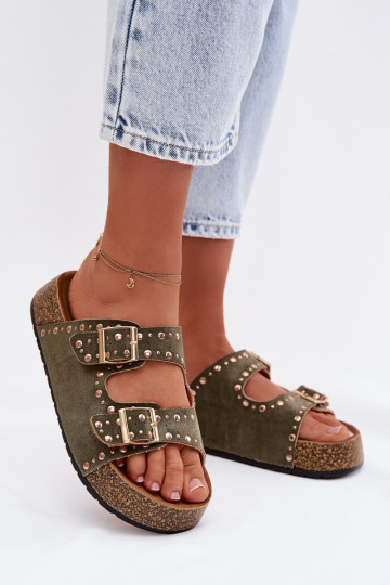 Damenhausschuhe Ze goldene Farbemi mit Schnallenmi Und Stollen Khaki-Farbe-Farbe Tervina 2