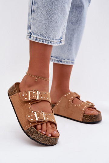 Damenhausschuhe Ze goldene Farbemi mit Schnallenmi Und Stollen braune Farbe Tervina