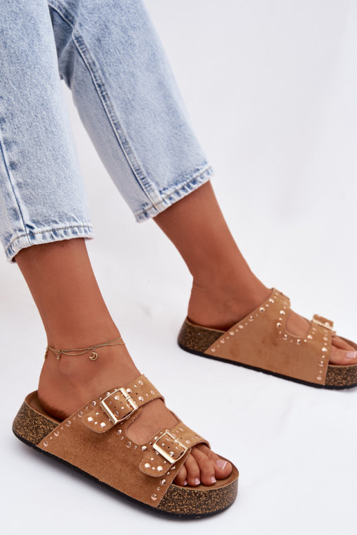 Damenhausschuhe Ze goldene Farbemi mit Schnallenmi Und Stollen braune Farbe Tervina