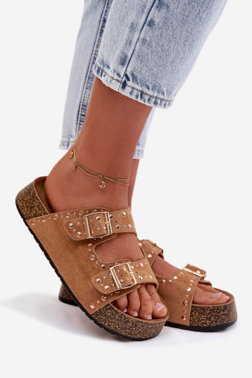 Damenhausschuhe Ze goldene Farbemi mit Schnallenmi Und Stollen braune Farbe Tervina