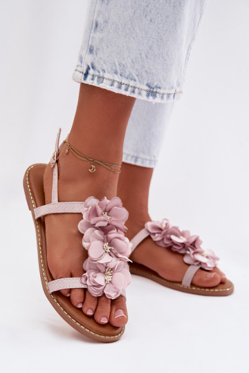Flache Sandalen für Frauen mit dekorativen Blumenmotiven in Lila Noemia