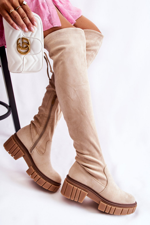 aus INildleder Feminin Stiefel oberhalb des Knies elfenbeinfarbe Cheera