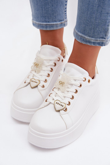 Sneakers Stilvollllschuhe Feminin mit einer PlattformPrzypinkami Teddybären mit Herzen INeiß-goldene Farbe Selorissa