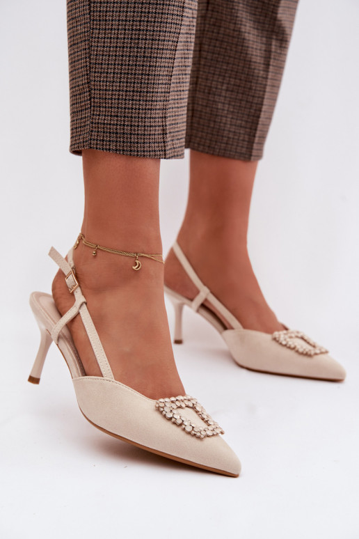 Damensandalen mit dünnen Absätzen mit Ornamenten elfenbeinfarbe Ismeria