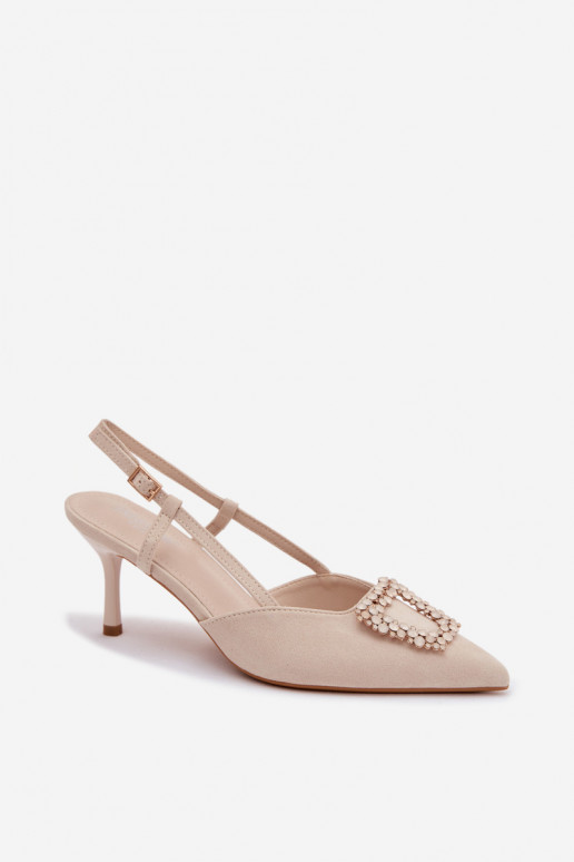 Damensandalen mit dünnen Absätzen mit Ornamenten elfenbeinfarbe Ismeria