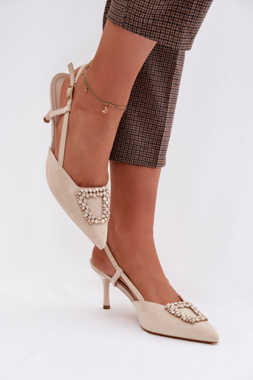 Damensandalen mit dünnen Absätzen mit Ornamenten elfenbeinfarbe Ismeria