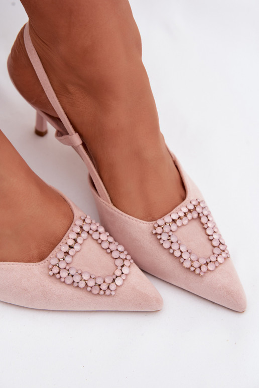 Damensandalen mit dünnen Absätzen mit Ornamenten pinke Farbe Ismeria