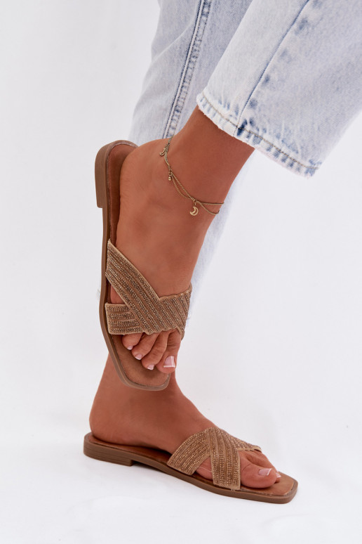 Damenhausschuhe mit breiten Absätzen mit blitzenden Augen goldene Farbe Zinnia