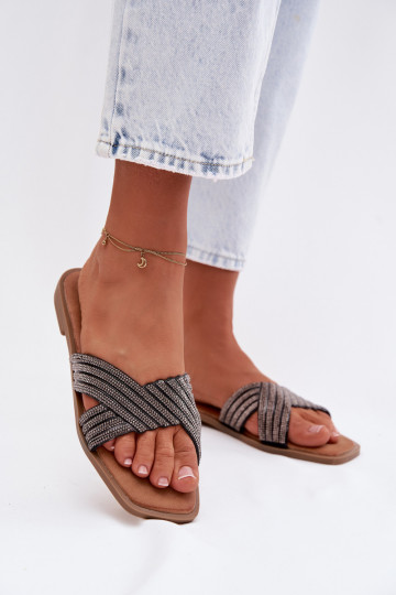 Damenhausschuhe mit breiten Absätzen mit blitzenden Augen schZuarze Farbe Zinnia