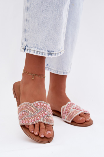 Dekoriert Hausschuhe mit breiten Absätzen pinke Farbe Dovima 2