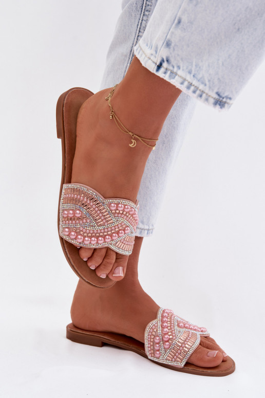 Dekoriert Hausschuhe mit breiten Absätzen pinke Farbe Dovima