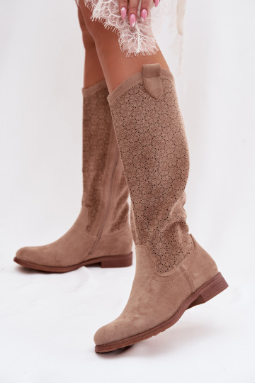 Damenstiefel mit durchbrochenen Elementen mit breiten Absätzen S.Barski HY61-8022 Beige 2