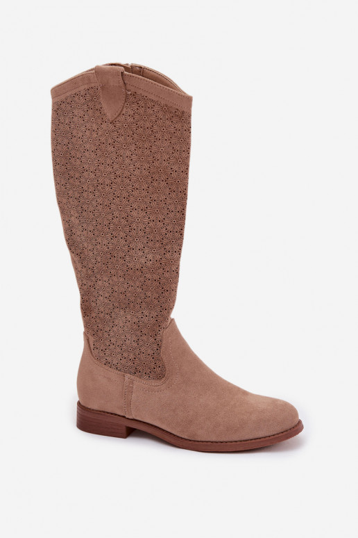Damenstiefel mit durchbrochenen Elementen mit breiten Absätzen S.Barski HY61-8022 Beige