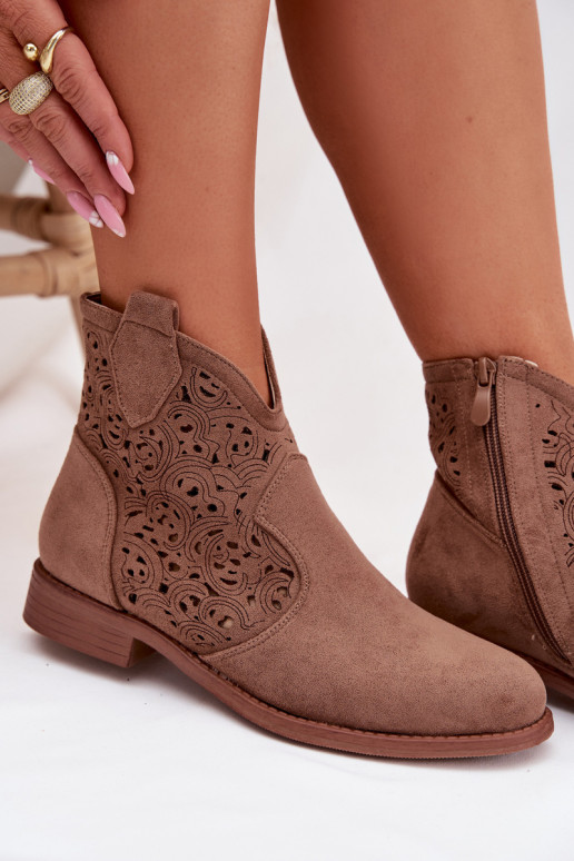 Durchbrochene Stiefel Feminin mit breiten Absätzen S.Barski HY61-8026 braune Farbe