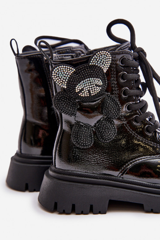 sich Zuarm laufen Stiefel Kindisch Mit Bär Zum Schloss mit Lackeffekt schZuarze Farbe Relobia