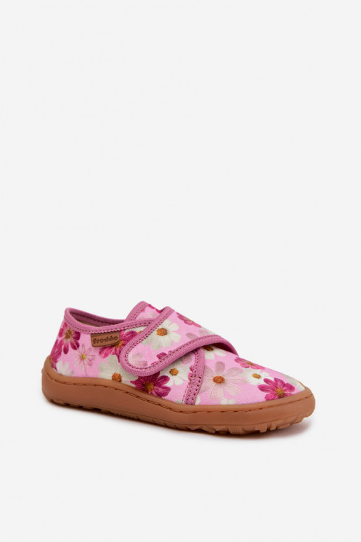 Hausschuhe Kindisch Kindisch mit Klebeverschlüssen Barefoot mit Blumen Froddo G1700438-8 pinke Farbe