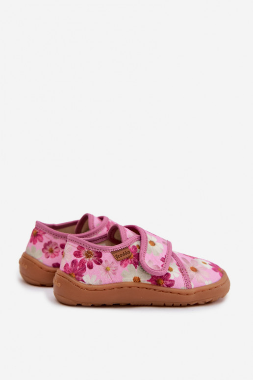 Hausschuhe Kindisch Kindisch mit Klebeverschlüssen Barefoot mit Blumen Froddo G1700438-8 pinke Farbe