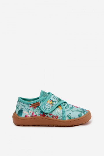 Hausschuhe Kindisch mit Klebeverschlüssen Barefoot mit floralen Motiven Liście Froddo G1700438-14 Mintfarbe 2