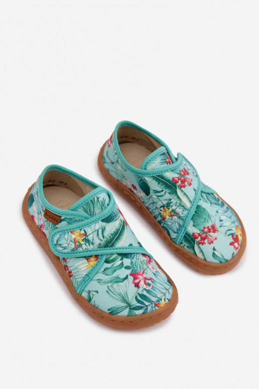 Hausschuhe Kindisch mit Klebeverschlüssen Barefoot mit floralen Motiven Liście Froddo G1700438-14 Mintfarbe