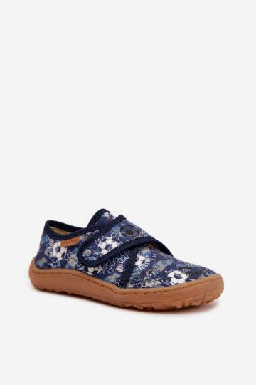 Hausschuhe Kindisch Jungen mit Klebeverschlüssen Barefoot Bälle Froddo G1700438-6 Dunkelblau
