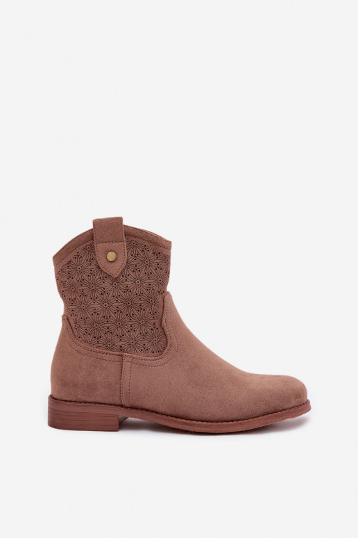 Damenstiefel mit breiten Absätzen mit durchbrochenen Elementen S.Barski HY61-8025 braune Farbe