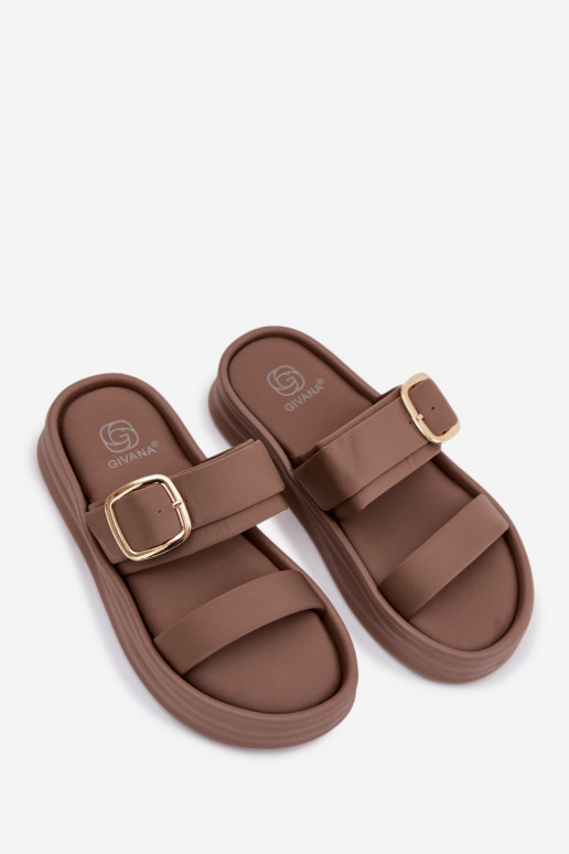  Damenhausschuhe mit einer Plattform mit Streifen I Złotą mit Schnallen Khaki-Farbe Ameliette