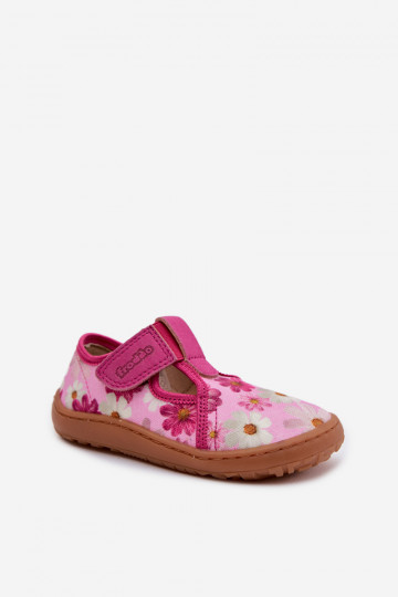 Hausschuhe Kindisch mit Klebeverschlüssen mit Blumen Barefoot Froddo Cannvas G1700439-4 pinke Farbe