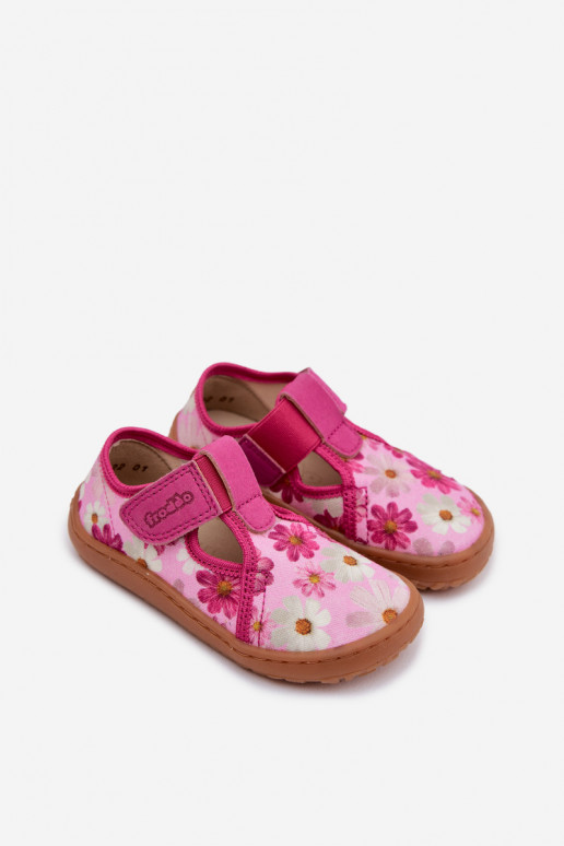 Hausschuhe Kindisch mit Klebeverschlüssen mit Blumen Barefoot Froddo Cannvas G1700439-4 pinke Farbe