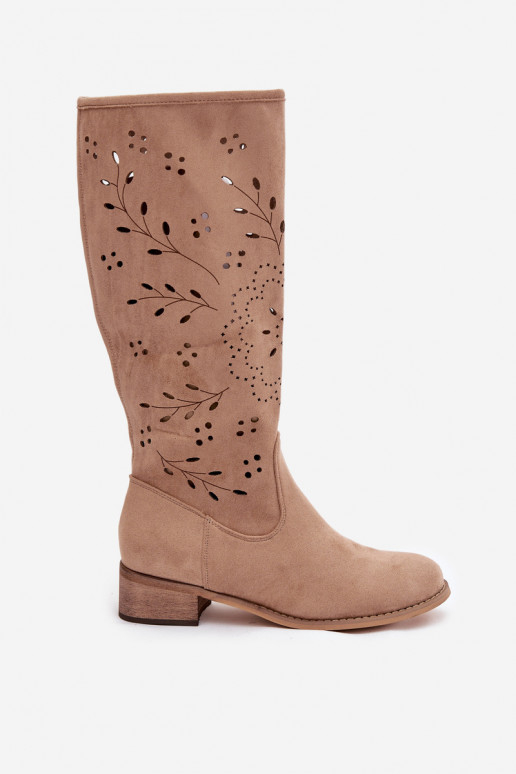 Chaki-farbene Damen überknie Stiefel mit durchbrochenen Elementen Helinna