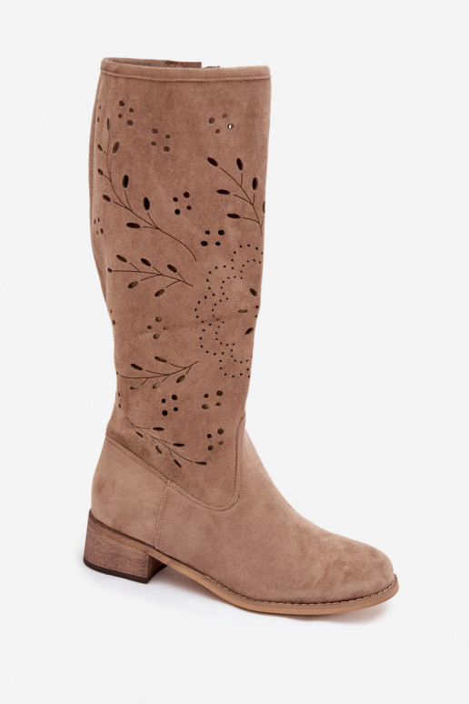 Sandfarbene Damen überknie Stiefel mit durchbrochenen Elementen Helinna