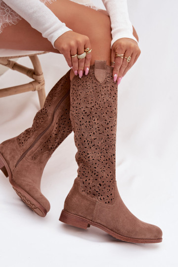 Damen Stiefel mit Lochmuster und breiten Absätzen S.Barski HY61-8023, braune Farbe