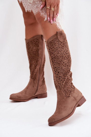 Damen Stiefel mit Lochmuster und breiten Absätzen S.Barski HY61-8023, braune Farbe 2
