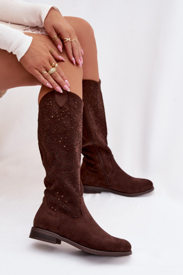 Damen Stiefel mit Lochmuster und breiten Absätzen S.Barski HY61-8023, schokoladenfarbe